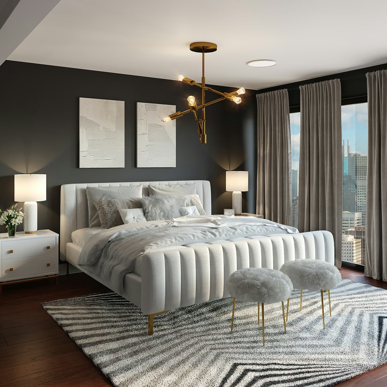 Dormitorio con cama tapizada, mesillas y ventana