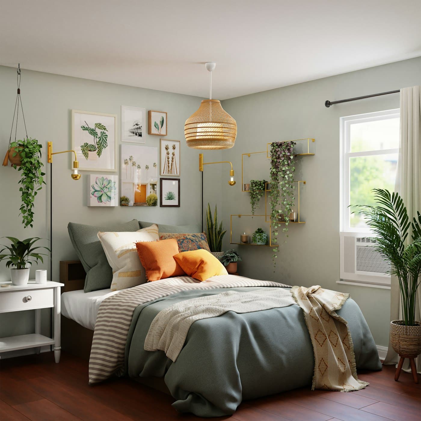 Dormitorio juvenil con cama, estantes y ventana