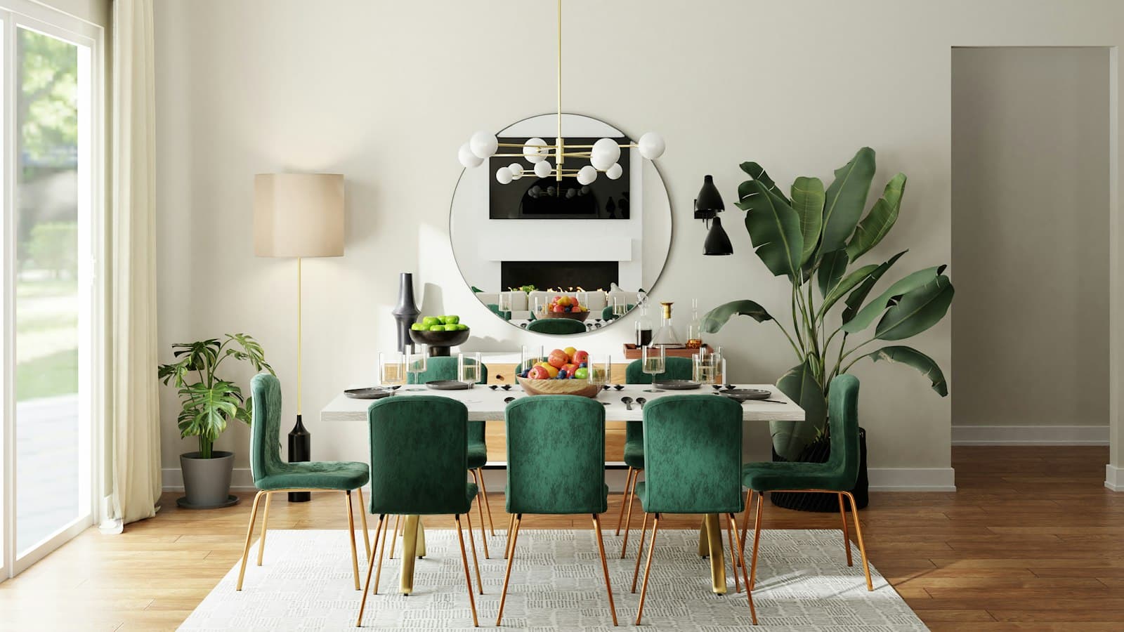 Mesa de comedor puesta con seis sillas
